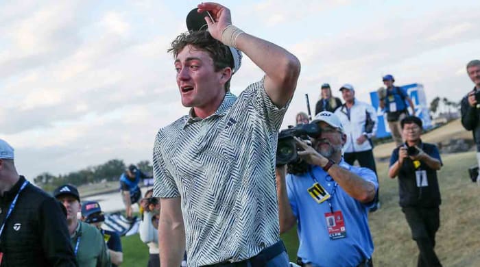 Nick Dunlap reacts after winning the American Express in La Quinta, Calif., as the first amateur to win a PGA Tour event in 33 years on Sunday, Jan. 21, 2024.